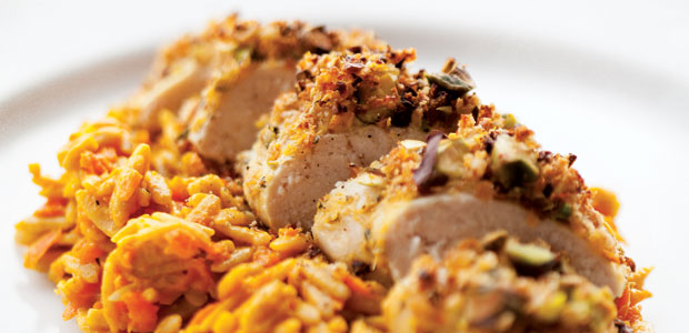 Carrot Orzo with Pistachio and Tarragon-Crusted Chicken
