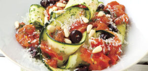 Zucchini Pasta Ribbons with Chunky Tomato Sauce and Pine Nuts