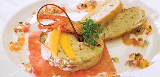 Poached Lobster and Avocado Salad with Coconut and Lemon Grass Reduction, Citrus Salsa, and Grilled Croutons