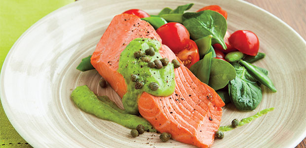 Poached Wild Salmon with Avocado Chive Cream and Sugar Snaps