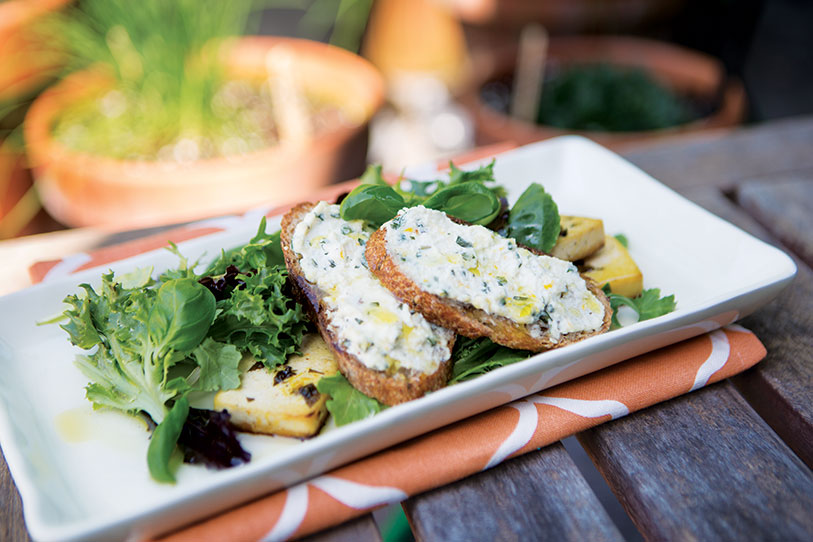 Citrus Basil Tofu with Ricotta Basil Baguette “Croutons”