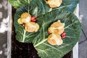 Pulse Burgers With Camelina, Dill Mayo, and Collard Greens