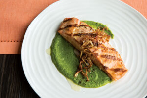 Salmon with Pea-Herb Sauce and Crispy Shallots