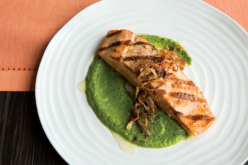 Salmon with Pea-Herb Sauce and Crispy Shallots