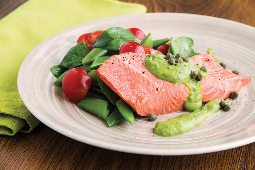 Poached Salmon with Avocado Chive Cream and Sugar Snaps