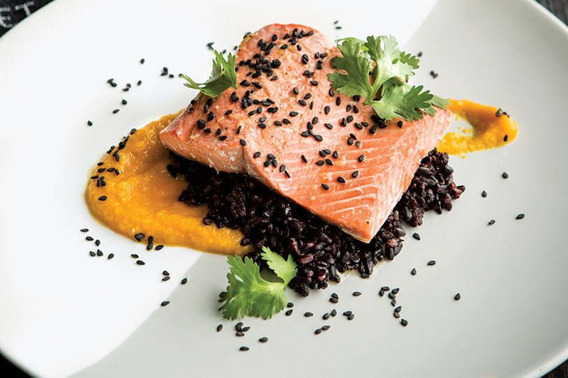 Salmon with Black Rice and Carrot-Miso Sauce