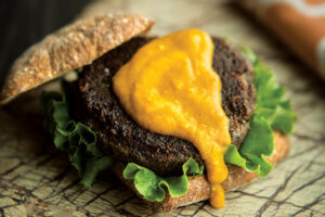 Black Bean Quinoa Burgers with Sweet Pepper Sauce