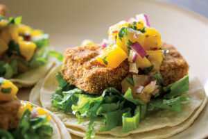 Cornmeal Tofu "Fish” Tacos with Mango Red Onion Relish