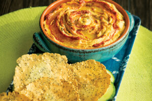 Golden Hummus with Sesame-Thyme Rice Crackers