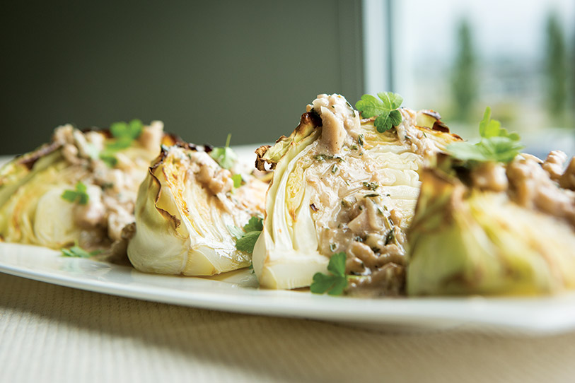 Roasted Cabbage with Walnut Mustard Dressing