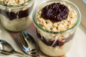 Overnight Yogurt and Oat Muesli with Cherry Chia Jam
