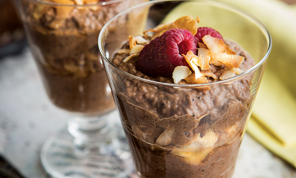 Chocolate Chia Seed Pudding with Toasted Coconut