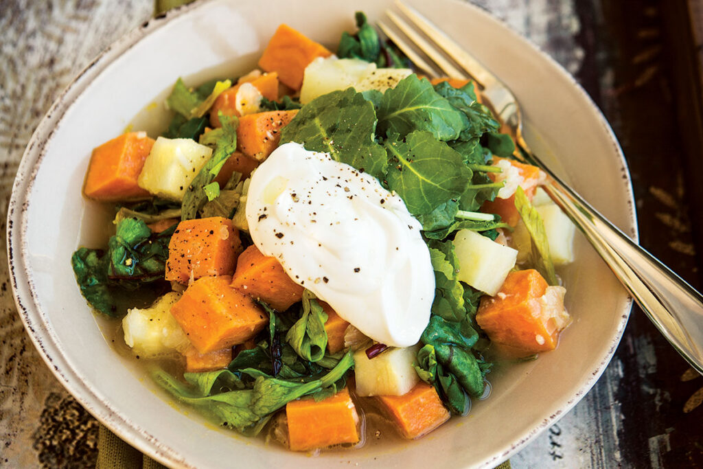 Potato Yam Stew with Baby Kale and Parmesan