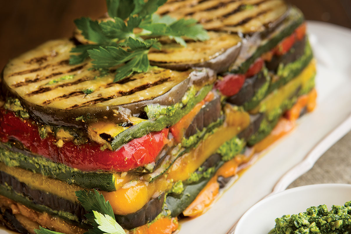 Roasted Vegetable Terrine with Parsley Sunflower Seed Pesto