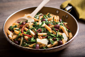 Warm Mediterranean Shredded Collards with Penne and Tomatoes