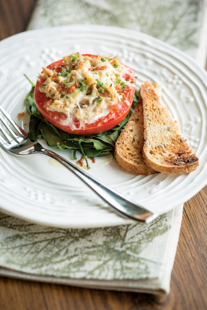 Asiago Tuna Melts on Tomato Spinach Beds