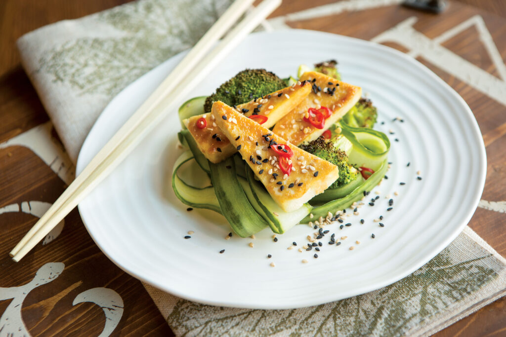 Broiled Miso Butter Tofu with Sesame Broccoli and Cucumber Noodles