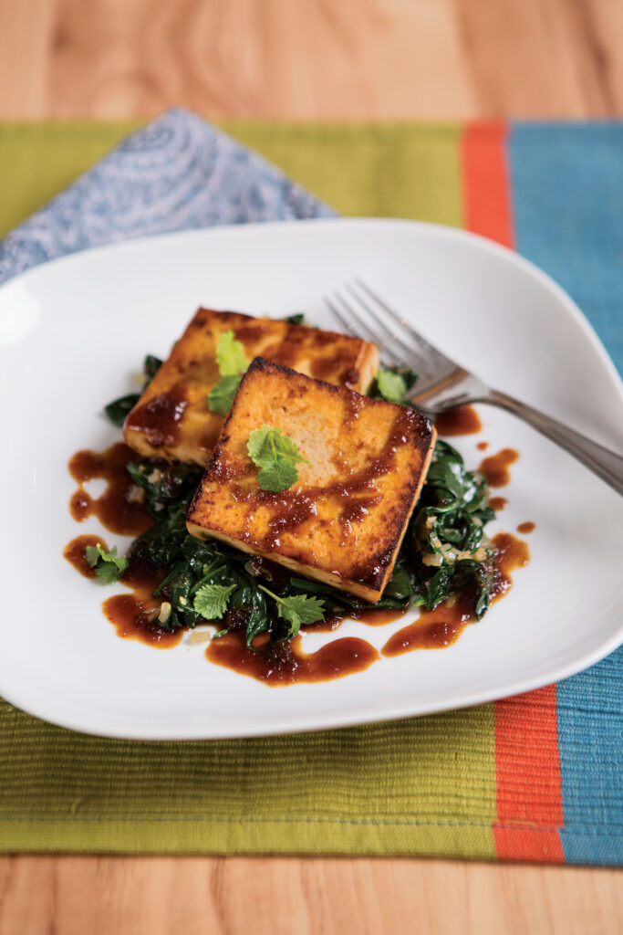 Maple Tofu Steaks with Wilted Spinach