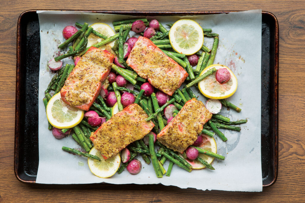 Mustard Crusted Salmon with Dill Radishes and Asparagus