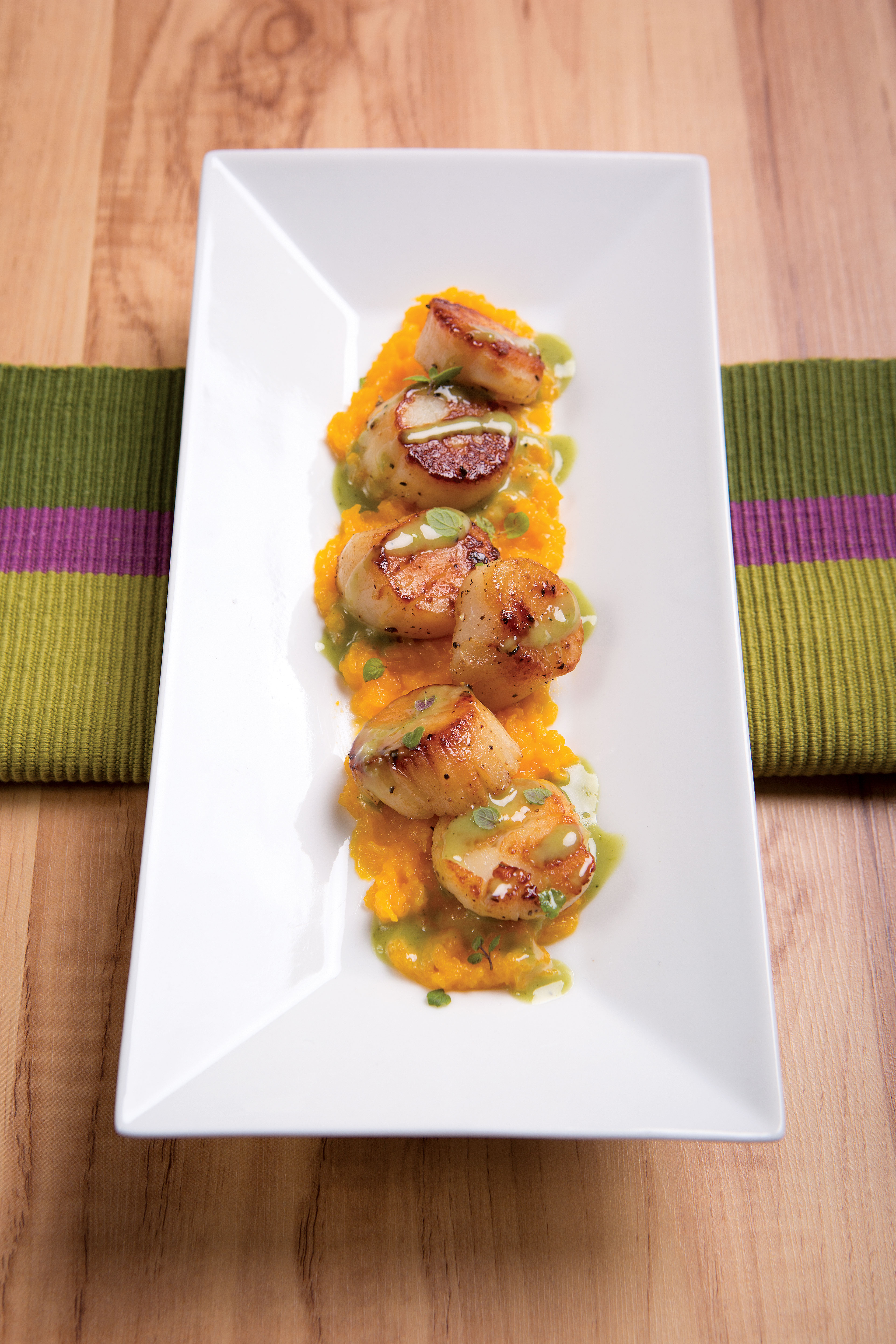 Scallops with Matcha Cream and Butternut Mash