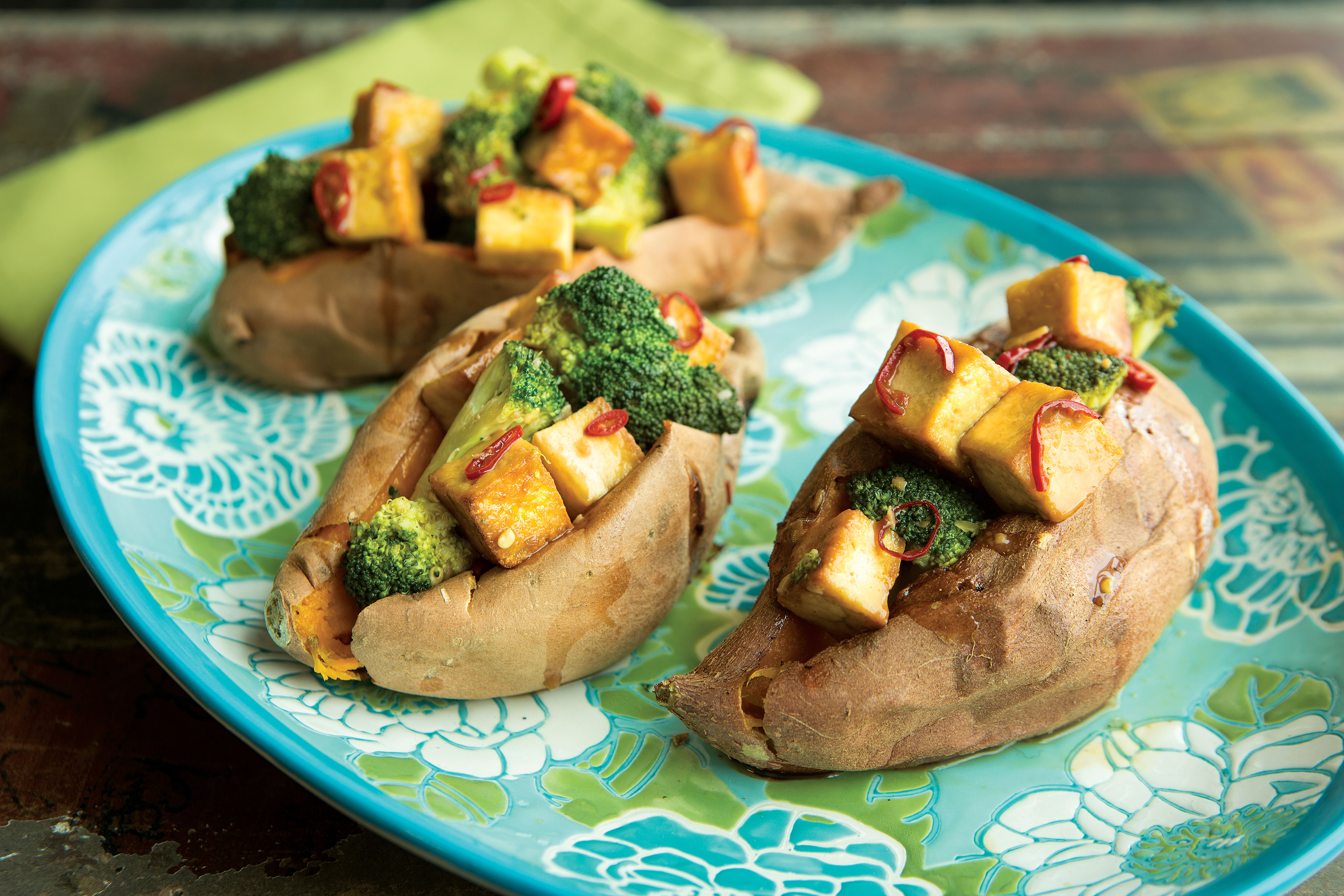 Teriyaki Tofu and Broccoli Stuffed Sweet Potatoes