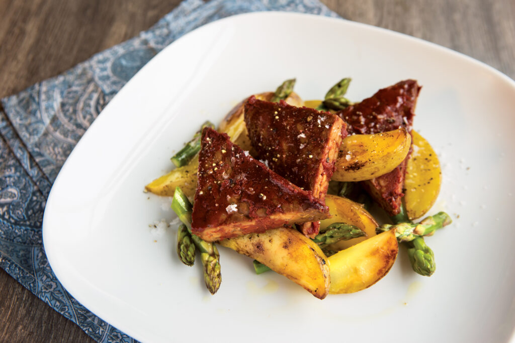 Barbecue Tempeh with Lemony Potatoes and Asparagus