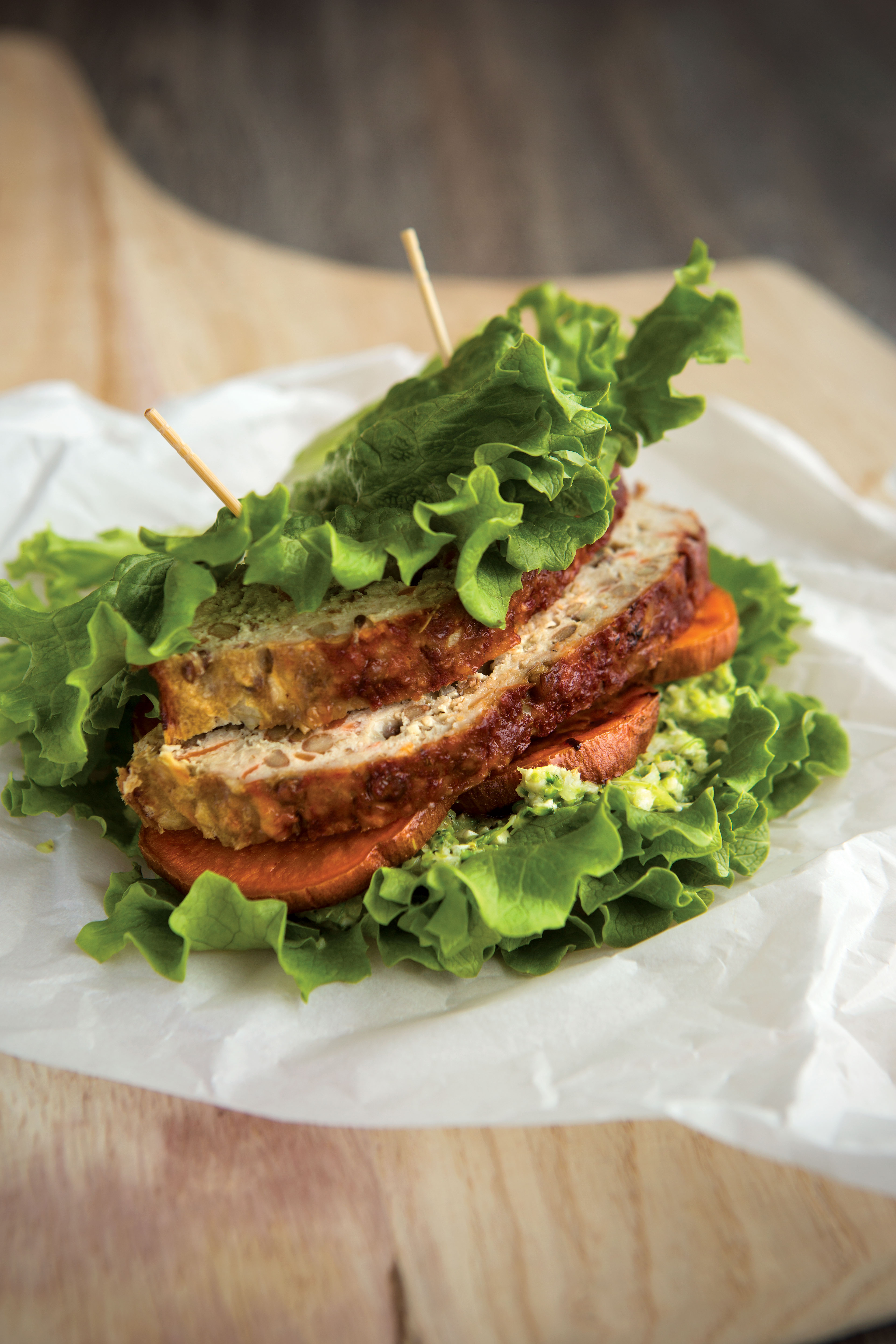 Turkey-Lentil Meatloaf Club with Broccoli Pesto