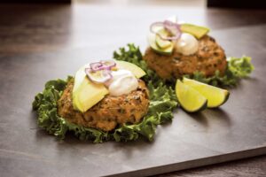 Salmon-Avocado Burgers with Wasabi Yogurt Sauce