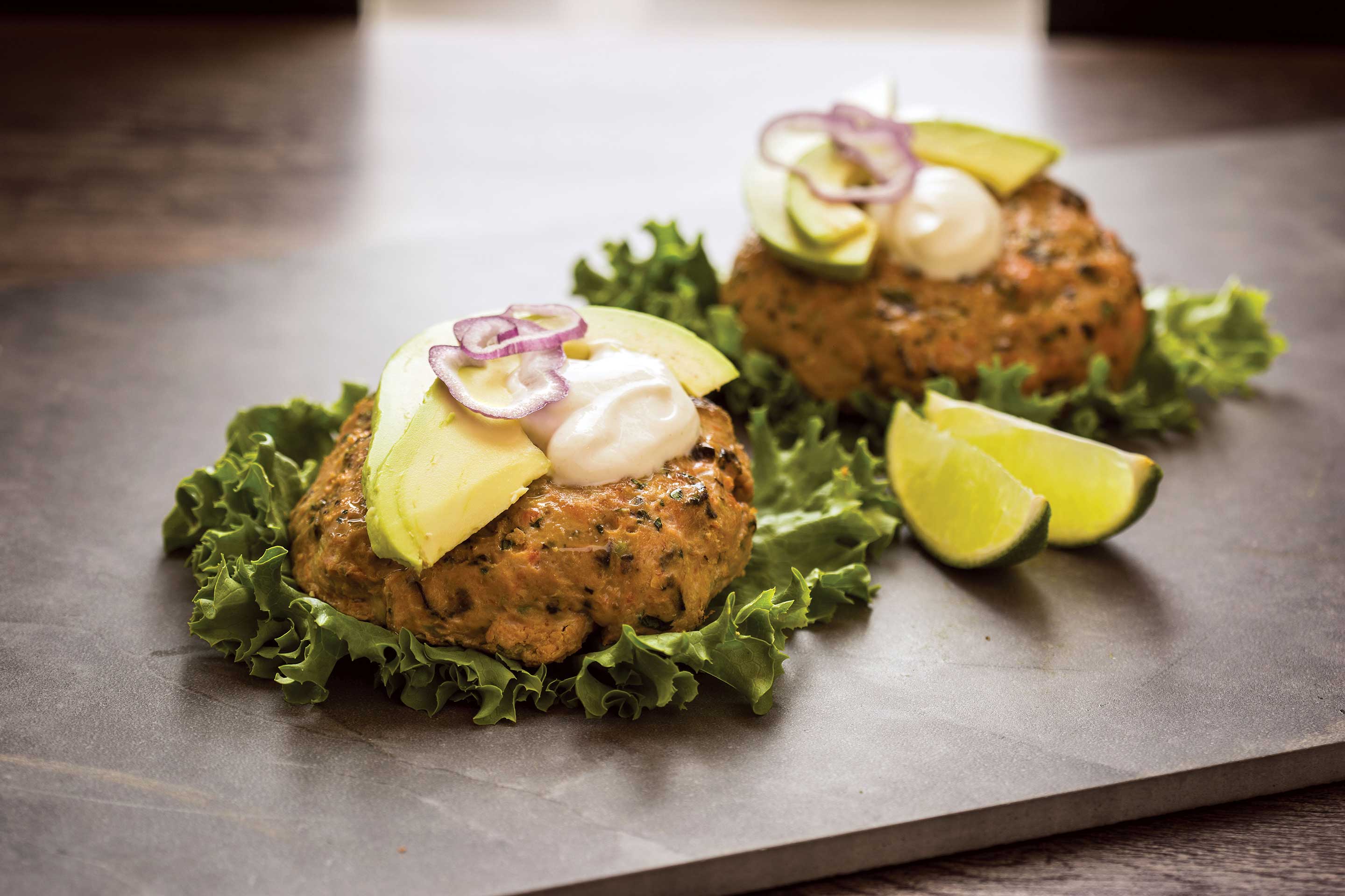 Salmon-Avocado Burgers with Wasabi Yogurt Sauce