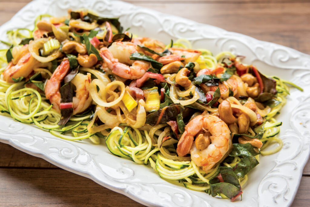 Fast Shrimp, Swiss Chard, and Cashew Stir Fry