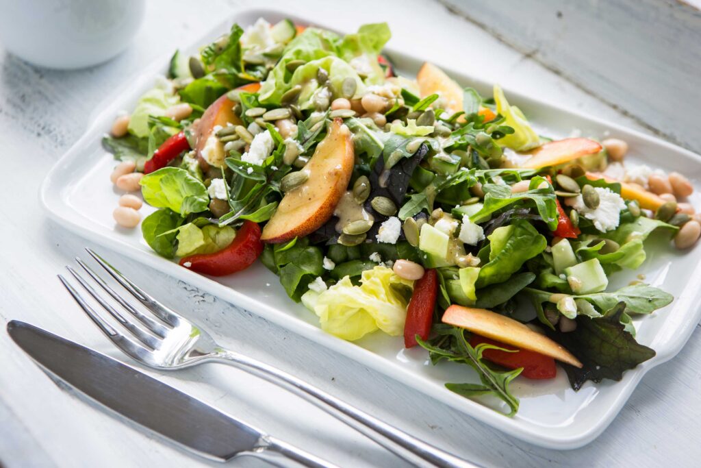 Bean Peach Salad with Almond Dressing