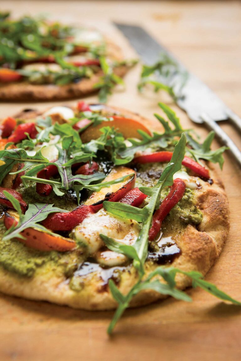 Pesto Peach Naan Pizza