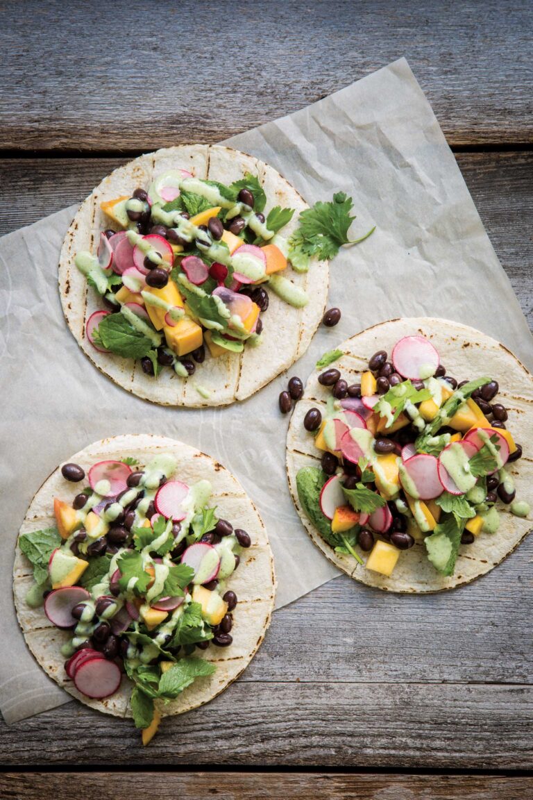 Tacos with Black Beans, Peach and Radish Salsa, and Cilantro Yogurt Dressing