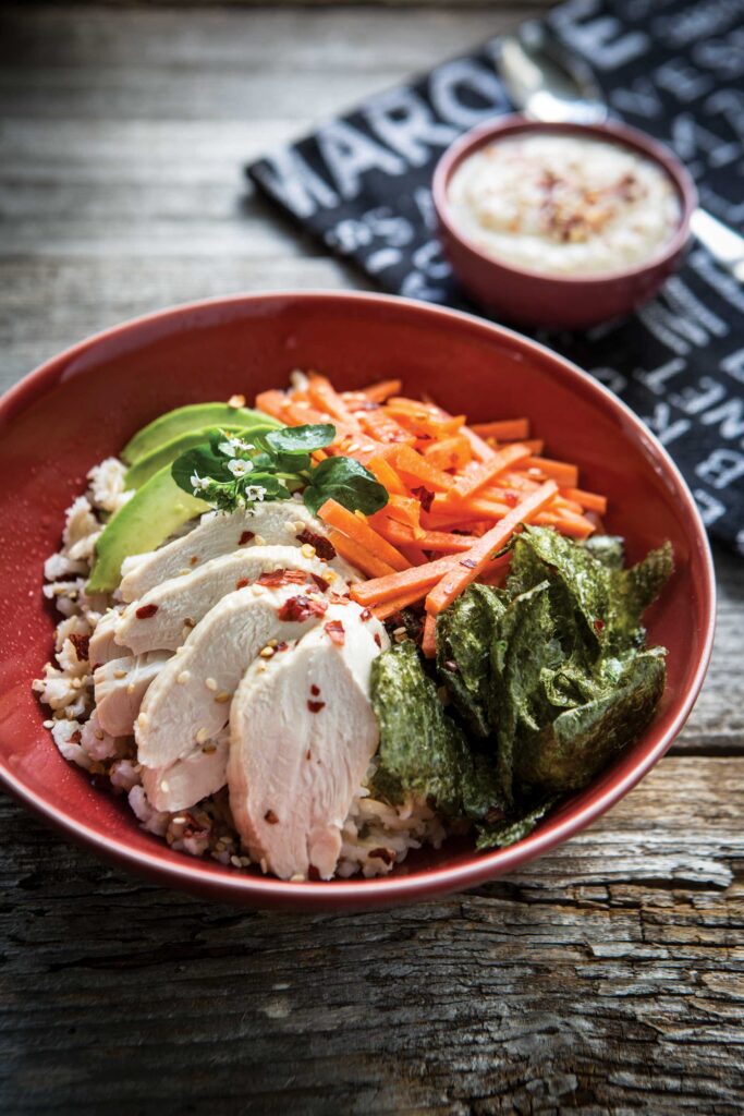 Roasted Chicken Sushi Bowls with Carrots and Miso Gravy