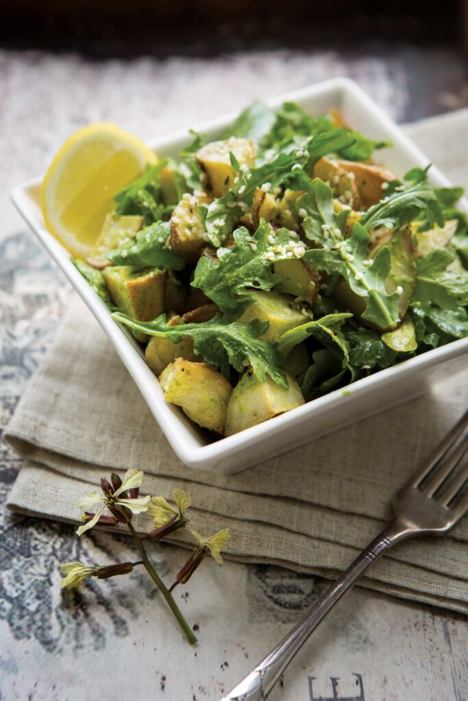 Roasted Garlic Basil Pesto Potatoes with Arugula