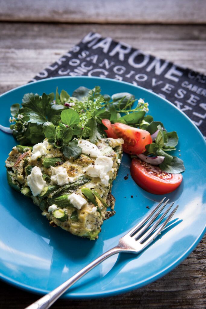 Farmers' Market Frittatta with Asparagus, Chives, Mint, and Goat Cheese