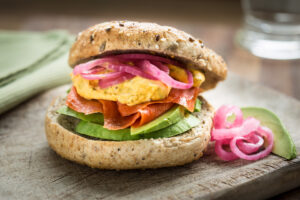 Carrot Cream Cheese Bagels and Lox with Quick-Pickled Onions