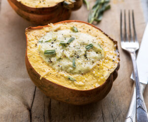 Quark and Leek Harvest Pudding in a Squash Bowl