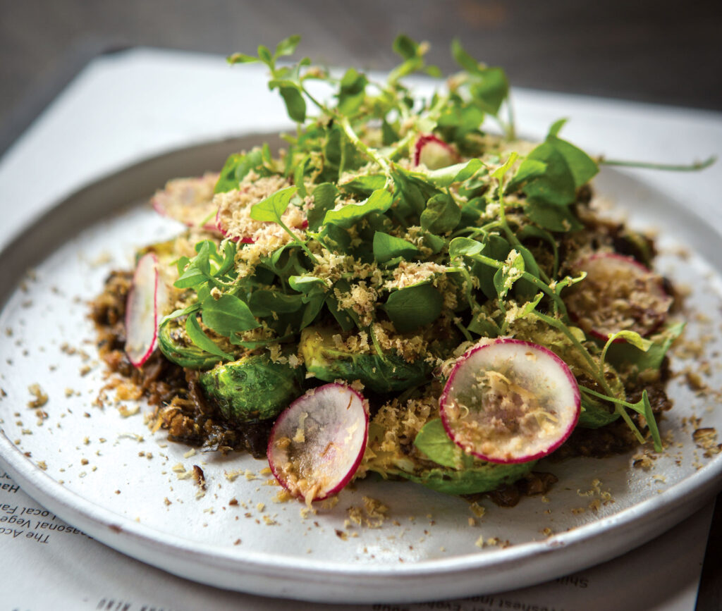 Roasted Brussels Sprouts with Shiitake Mushroom XO Sauce and Shaved Chestnut