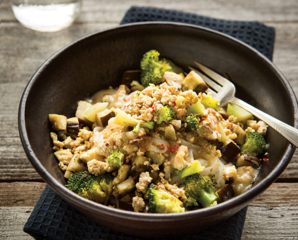 Roasted Eggplant and Broccoli Noodles with Five-Spice Ground Tofu