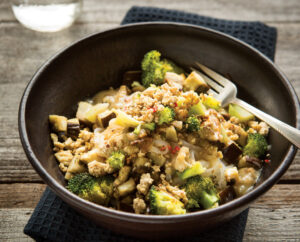 Roasted Eggplant and Broccoli Noodles with Five-Spice Ground Tofu