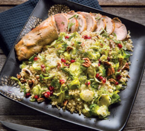 Roasted Maple-Mustard Pork Over Brussels Sprout Pilaf