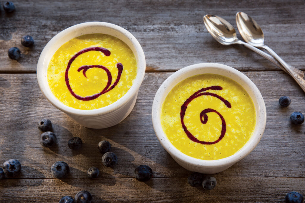 Miso Corn Soup with Blueberry Chipotle Swirl
