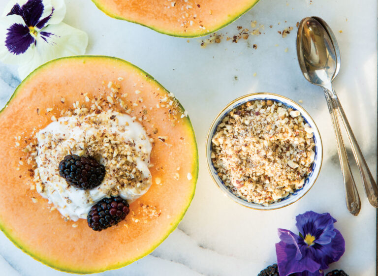 Coconut Cream Melon Halves with Hazelnut Dukkah and Berries