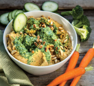Carrot Tahini Hummus with Carrot Top Pesto