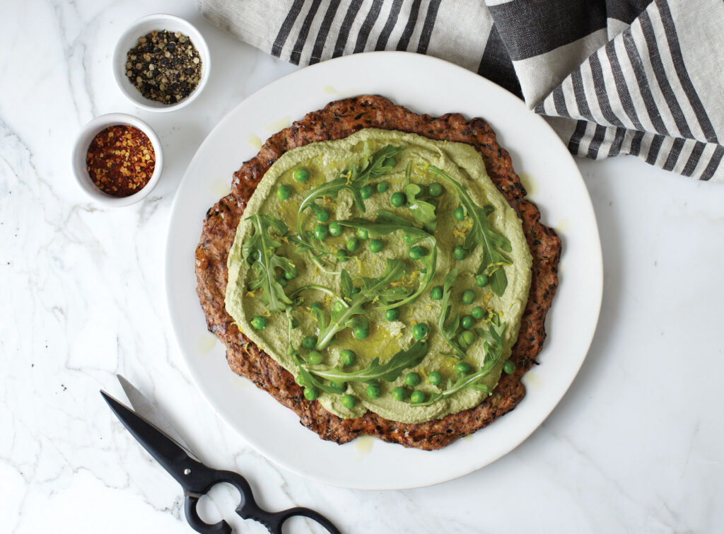 Zucchini Pizza Crust With Lemony Pea Pesto