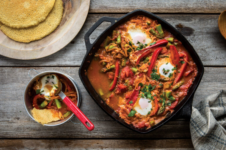 Asparagus Shakshuka with Chickpea Flatbreads