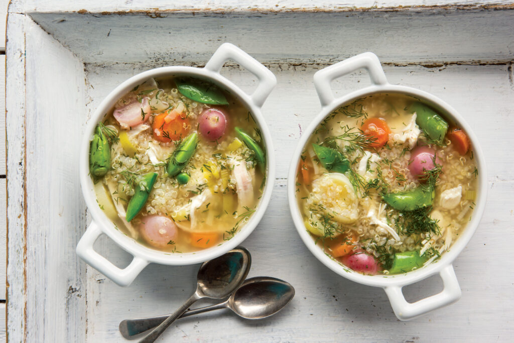 Poached Chicken Soup with Seasonal Vegetables, Quinoa, and Flaxseed Oil