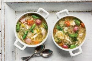 Poached Chicken Soup with Seasonal Vegetables, Quinoa, and Flaxseed Oil