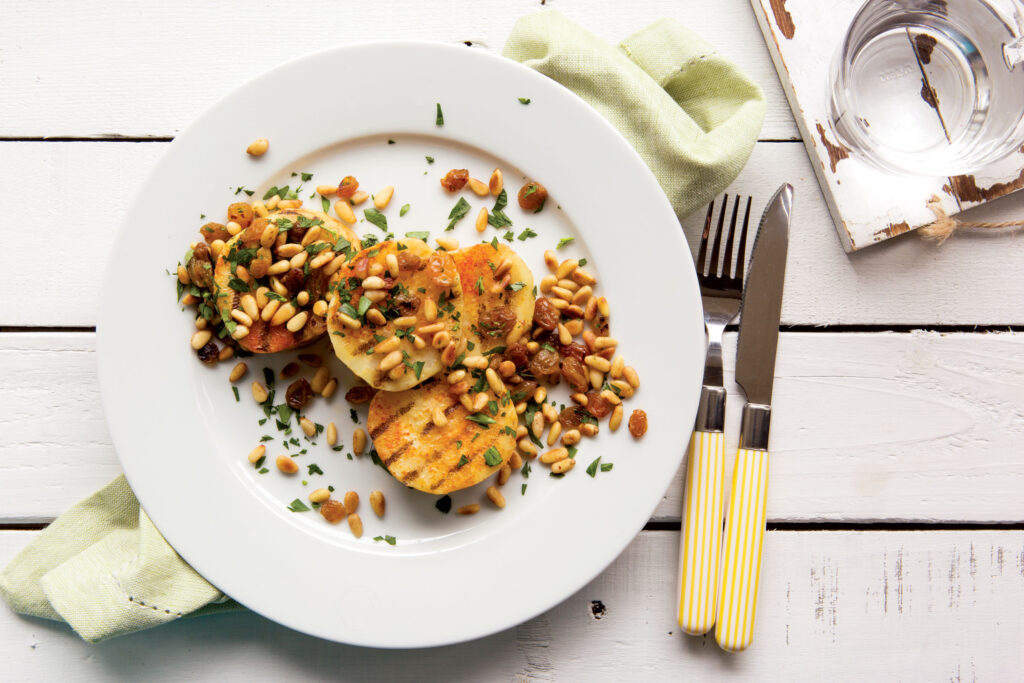 Grilled Celeriac Steaks with Pine Nut and Currant Relish